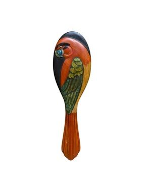 Vintage Wooden Carved Parrot Hand Held Mirror Tropical Bathroom Makeup